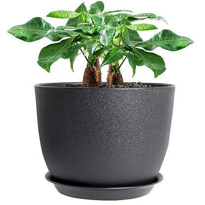 UOUZ 12inch Large Plant Pot, Modern Plastic Planter with High Driange Holes and Saucer for Indoor Outdoor Garden Plants and Flowers, Black - color: Black