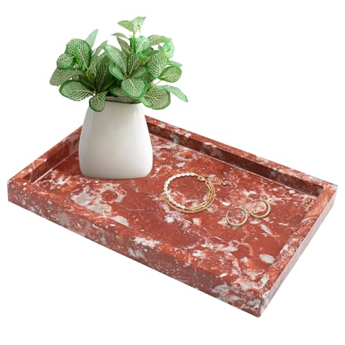 Luxury Red Marble Decorative Tray – 11.8" × 7.9" Natural Solid Stone Vanity Tray for Bathroom, Kitchen, Coffee Table, Jewelry, Makeup, Dresser – Elegant Home Décor & Gift