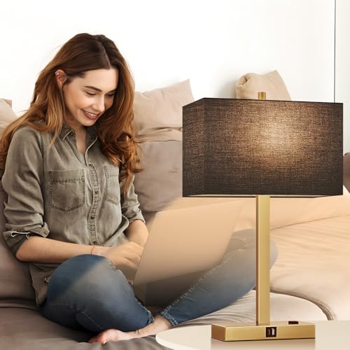 Lynnoland 21" Set of 2 Bedside lamp with USB A+C & AC Outlets, Touch Control 3-Way Dimmable Nightstand Lamps for Bedroom Living Room Office Reading, Black Shade Touch Lamps, 3000K LED Bulbs Included - color: Black Line & Gold