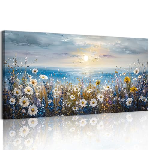 crmotu Seaside Landscape Wall Art, Beach Wildflower Sunset Large Paintings 20X40 In - color: Sunrise Seaside Flowers, size: 40"L x 20"W