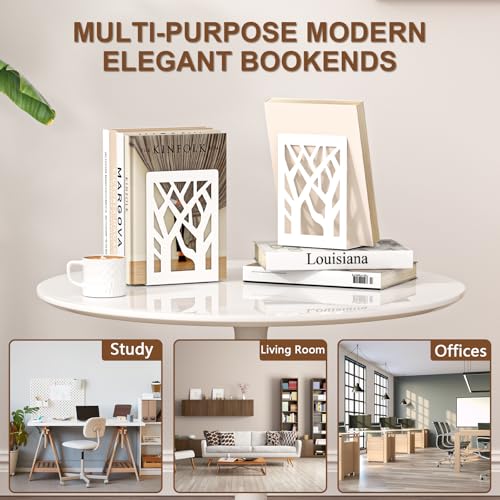 VFINE Withe Bookend 6-Piece, Tree Design Bookends for Shelves, Metal Book Ends for Desk, Decoration Stylish Bookshelf Bookends for Home Office School Supplies - style: White bookend 3 pairs