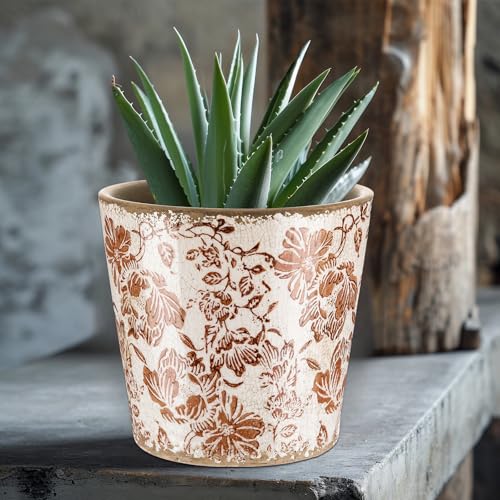 Beeveer Farmhouse Ceramic Planter 5.5 Inch Large Plants Pot Crack Beige Brown Flowers Plant Pots with Drainage Hole Indoor Plants Kitchen Rustic Antique Decor Gift - color: Brown & Beige, size: 5.5 Inch