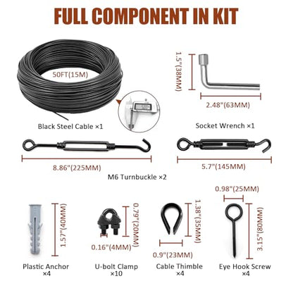 String Light Hanging Kit, All-Black Globe String Lights Suspension - size: 3/16 In. X 50 Ft.