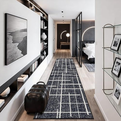 Modern Kitchen Runner Rug Non Slip 2.6x8, Washable Distressed Stripe, Hallway Runner, Woven Thin Low Pile Carpet Runners for Hallway 8ft Entryway, Kitchen, Walkway- Midnight Black - color: Striped-black/White, size: 2'7" x 8' (Runner)