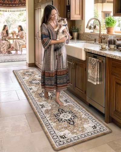 DEXI Kitchen Floor Mats Cushioned Anti Fatigue Runner Rug 24x107 Brown - color: Brown/White, size: 107"L x 24"W x 0.4"Th