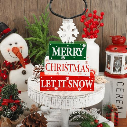 4 Pcs Merry Christmas Wooden Tabletop Decor Let It Snow Table Centerpiece Snowflake Table Sign Xmas Tiered Tray Decor Red Green Wood Block for Xmas Holiday Home Office Kitchen Desk Shelf Decors