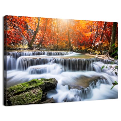 Fall Waterfall Canvas Wall Art Autumn National Park Scenery Picture for Living Room Mountain Maple Trees Prints Bedroom Wall Decor Nature Landscape Poster Modern Artwork Kitchen Home Decoration 12x16" - color: Waterfall Fall, size: 16"L x 12"W
