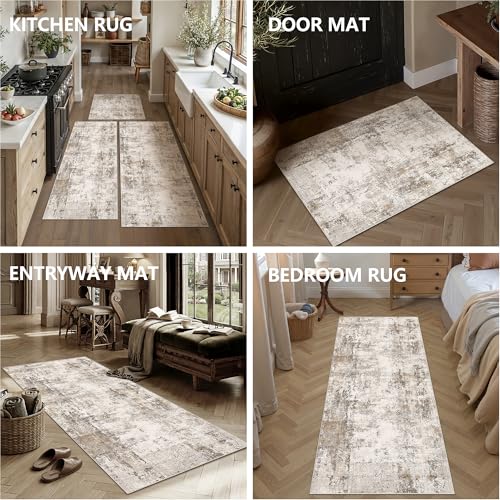 Washable Brown Grey Neutral Kitchen Runner Rug Set of 3 - color: Abstract | Brown Grey, size: 20"x32"+20"x48"+30"x50"