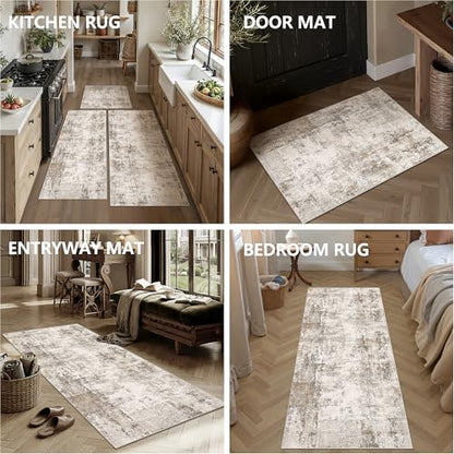 Washable Brown Grey Neutral Kitchen Runner Rug Set of 3 - color: Abstract | Brown Grey, size: 20"x32"+20"x48"+30"x50"