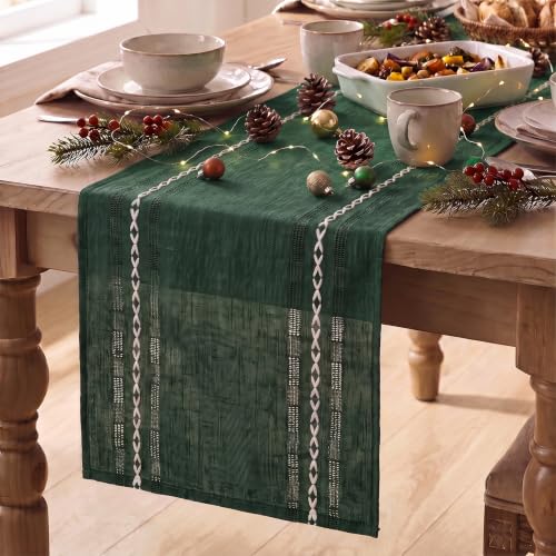 Artoid Mode Green Embroidered Blend Farmhouse Hollow Table Runner, Seasonal Christmas Rustic Kitchen Dining Table Decoration for Home Party Decor 13x60 Inch - color: Green, size: 13" x 60", Table Runner