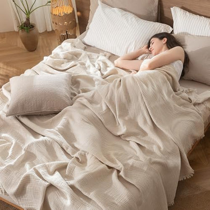 MooMee 100% Cotton Muslin Blanket Fringed 4-Layer Gauze Bed Throw, King - color: Cream Grey, size: King