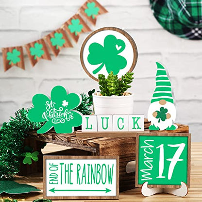 Jetec 12 Pcs St. Patricks Day Tiered Tray Decor Trefoil Shamrocks Wooden Gnomes Green Lucky Shamrocks Tiered Trays Table Signs for Irish Party St. Patrick's Day Tree Decorations - style: Trefoil