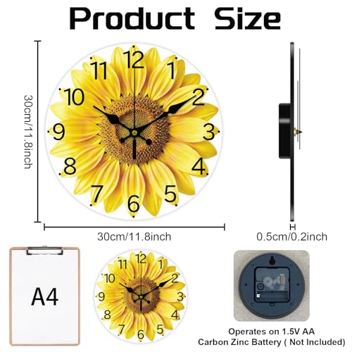 Sunflower Wall Clock Silent Non-Ticking 12" for Living Room Decor - color: Sunflower