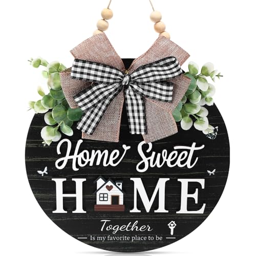 Welcome Sign for Front Door, Wooden Home Sweet Home Decor Outdoor, 3D Farmhouse Hanging Door Wreath with Artificial Greenery, Porch Welcome Sign Hanger All Year Round (Black) - color: black