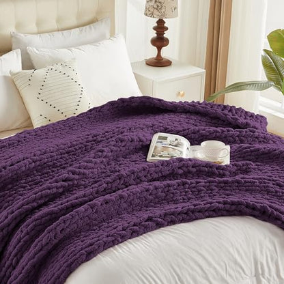 Carriediosa Chunky Knit Throw Blanket 60 x 80, 100% Hand Made, Dark Purple - color: Dark Purple, size: 60" X 80"