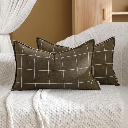 Pure Linen Plaid Throw Pillow Covers 12x20, Set of 2, Khaki - color: Khaki, size: 12x20inch