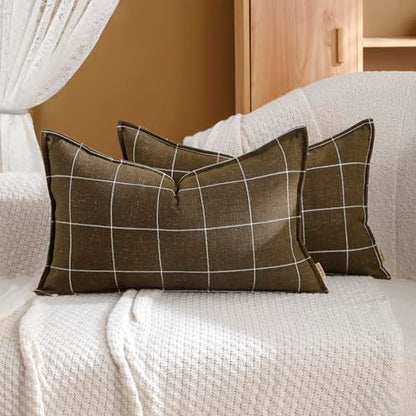 Pure Linen Plaid Throw Pillow Covers 12x20, Set of 2, Khaki - color: Khaki, size: 12x20inch