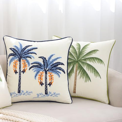 Embroidered Throw Pillow Covers 18x18 Pack of 2 Blue Palm Tree - color: Blue Palm Tree