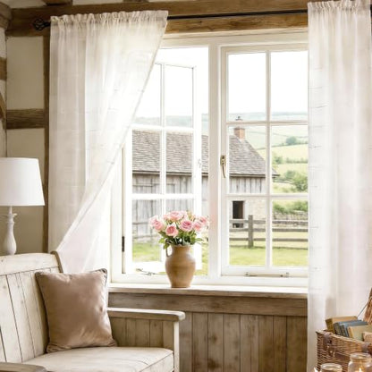 White Sheer Curtains 72 Inches Faux Linen Stripe Pattern 2 Panels - color: White, size: 52"W x 72"L (Pack of 2)