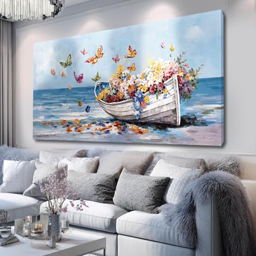 GAIDUOMAI Large Canvas Wall Art Blue Ocean Art Wall Decor for Living Room Floral Butterfly Ocean Nature Artwork for Bedroom Hotel 29"x 58" Modern Art Prints - color: Blue, size: 58"L x 29"W
