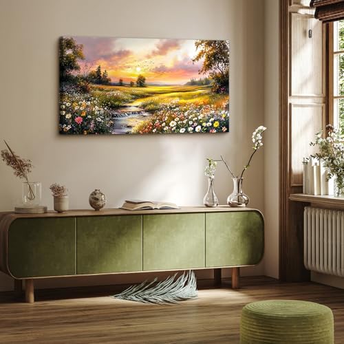 crmotu Nature Landscape Wall Art, Sunset Wildflowers Pictures 20X40 In - color: River Flowing Sunset, size: 40"L x 20"W