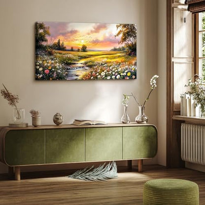 crmotu Nature Landscape Wall Art, Sunset Wildflowers Pictures 20X40 In - color: River Flowing Sunset, size: 40"L x 20"W