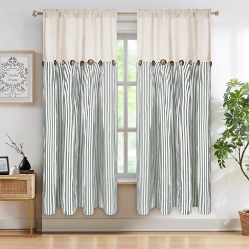 ASPMIZ Cotton Linen Farmhouse Curtains Boho Rustic Button Curtain, Linen Window Curtain Panels Green Stripe Country Curtains for Living Room Bedroom, Rod Pocket Window Drapes, 52 x 63 Inch, 2 Panels - color: Beige&green, size: 52"W x 63"L (Pack of 2)