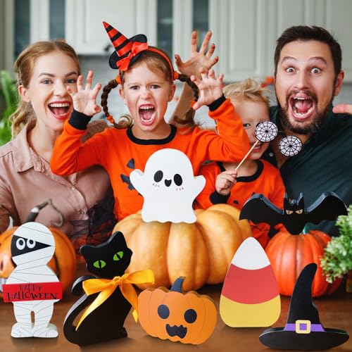 Cute Halloween Decorations Indoor: 7PCS Wooden Tiered Tray Decor Table Sign - Pumpkin Ghost Bat Black Cat Mummy Witch Hat Candy Corn Freestanding Signs for Party Home Mantel Shelf Display - style: Cute