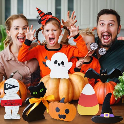 Cute Halloween Decorations Indoor: 7PCS Wooden Tiered Tray Decor Table Sign - Pumpkin Ghost Bat Black Cat Mummy Witch Hat Candy Corn Freestanding Signs for Party Home Mantel Shelf Display - style: Cute