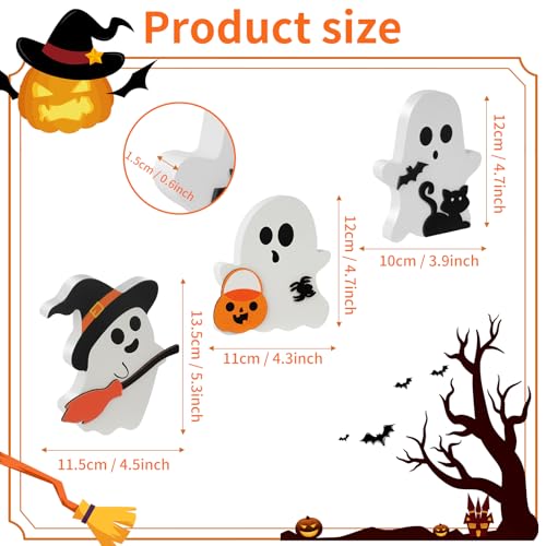 3 Pcs Halloween Decorations Indoor, Cute Ghost Halloween Tabletop Decor, Wooden Tiered Tray Decor, Black Cat, Bat, Witch Broom Signs for Party Home Shelf Display
