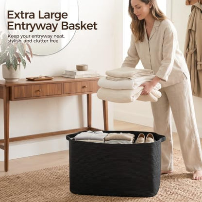 OIASKET 70L Large Blanket Basket, 21.6" x 16.9" x 11.8" Woven Basket - color: Black, size: 21.6"x16.9"x11.8"