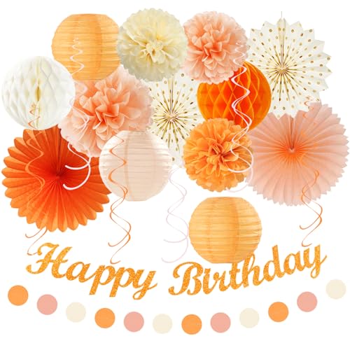Orange-Beige Fal Boho Birthday Party-Decorations - 21pcs Autumn One Two Sweet Peach Happy Banner,Girls Groovy Paper Streamers Lanterns Honeycomb,Tissue Pom Poms Fan,Hippie Garland Decor Huglony - color: Orange-beige