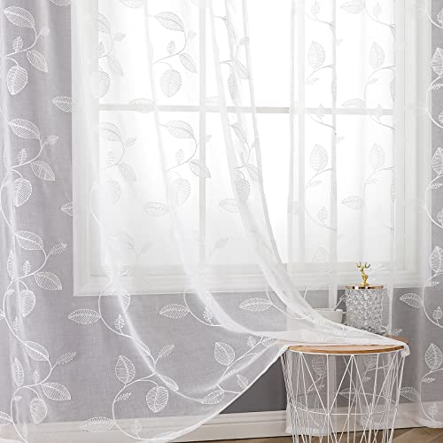 BGment White Sheer Curtains 84 Inches Long 2 Panels - color: White-leaf, size: 52"W x 84"L (Pack of 2)