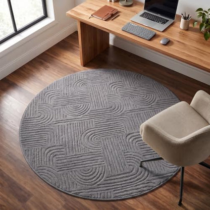 Etwel 5.2 ft Dark Gray Geometric Textured High-Low Pile Washable Round Rug - color: Dark Gray, size: 5'2"