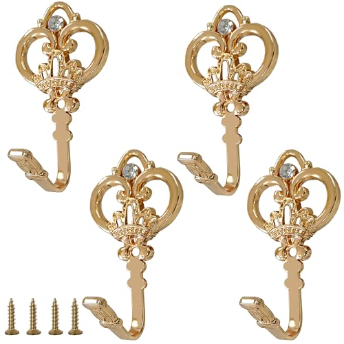 4 Pack Gold Crown Curtain Holdbacks, Heavy Duty Metal Wall Hooks for Hanging Drapes, Coats, Hats & Towels, Vintage Rustic Decor for Living Room, Bedroom, Entryway - color: Gold, size: 4PCS