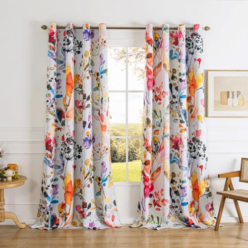 Floral Colorful Blackout Curtains for Bedroom 63 inch Long 2 Panels Set Vintage Flowers Patterned Black Out Curtains Room Darkening Thermal Insulated Window Drapes for Living Room, 52Wx63L - color: Watercolour, size: 52"W x 63"L (Pack of 2)