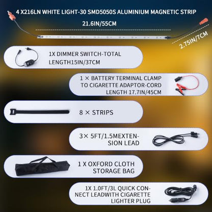 12V LED Interior Light Bar Kit, 4 Bars White Adjustable Brightness RV Camping Lights - Waterproof IP67, Magnetic & Strap Mount, Portable Lighting for Tent, Car, Trailer, Boat, Truck, Off-Road, Cabin - color: white light/silvery