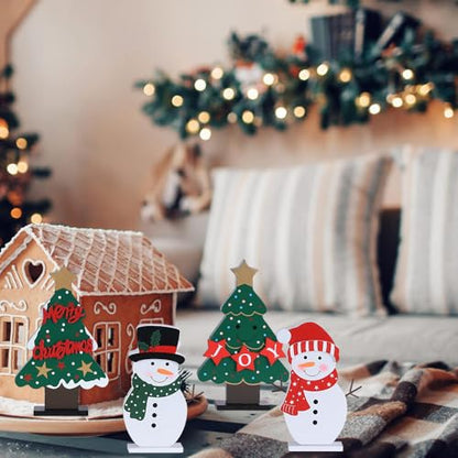 DECSPAS Christmas Decorations Indoor, 4 PCS Wood Christmas Trees & Snowmen for Centerpiece Table Decorations, Wooden Tiered Tray for Xmas Decor, Home, Winter, Tabletop, Mantel, Shelf, Gifts - style: Christmas - Christmas Trees, Snowmen