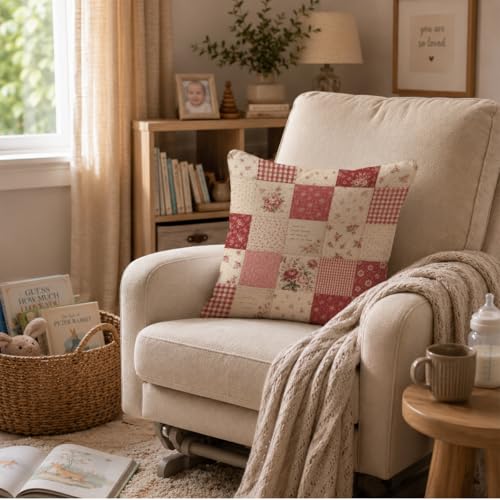 Shabby Chic Rose Patchwork Throw Pillow Cover 18x18 - color: Red