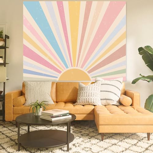 Zussun Boho Sun Tapestry Vintage 70s Sunset Sunrise Tapestries for Bedroom Aesthetic Retro Abstract Art Colorful Rainbow Classroom Tapestry Wall Hanging for Living Room Dorm (80" x 60") - color: Light Yellow, size: 80"L x 60"W
