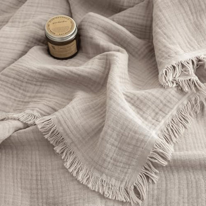 FOSSA Muslin Blanket 4-Layer 100% Cotton Gauze Blanket with Fringe 50"x60" - color: Beige Gray, size: Throw (60" × 50")