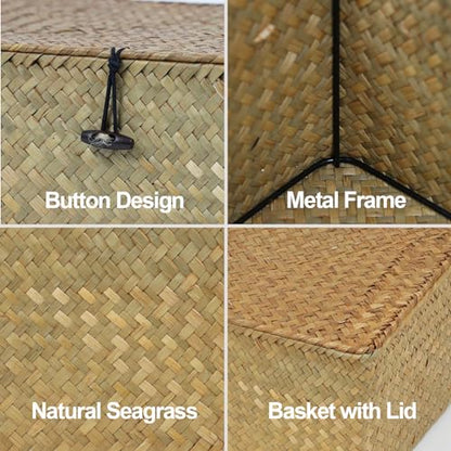 Seagrass Wicker Storage Basket with Lid, Medium, Natural - color: Natural, size: 10.23" x 6.3" x 4.13"