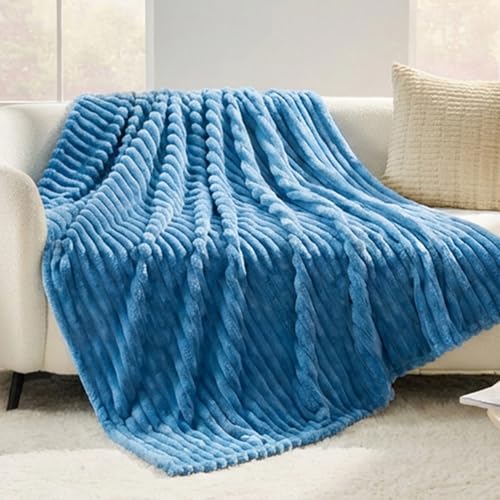 330GSM Ribbed Fleece Throw Blanket for Couch, Blue, 50"x60" - color: Blue, size: Throw(50"x60")