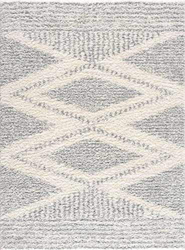 Hauteloom Winnebago Moroccan Farmhouse Living Room Bedroom Shaggy Area Rug - Bohemian Shag Rug - Plush High Pile - Southwestern Boho Soft Carpet - Grey, Off White, Beige - 5'3" x 7'3" - color: Gray, Cream / Gala, size: 5'3" x 7'3" (Rectangular)