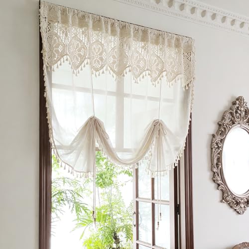 Boho Crochet Lace Tie Up Sheer Curtain Valance for Kitchen Windows - size: 35"W x 39"L (Pack of 1)