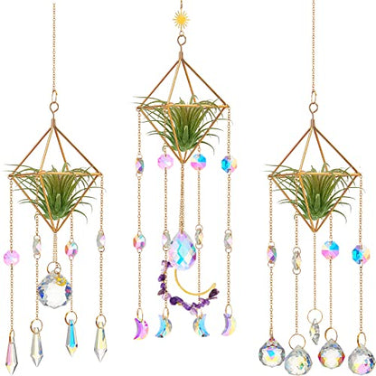 Yookeer 3 Pcs Air Plant Hanger Golden Geometric Metal with Crystal Chain