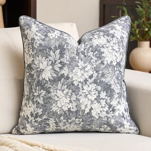 Alerfa Grey Neutral Floral Pillow Cover 20 x 20 Inch, Vintage Chenille Square Couch Pillow Cover Soft Decorative Farmhouse Accent Pillowcase for Living Room Bedroom - color: Grey, size: 20" x 20" (Pack of 1)