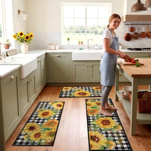 Fourluoo 3 Pcs Sunflower Kitchen Rugs and Mats Set Black White Plaid - color: Black White Gray