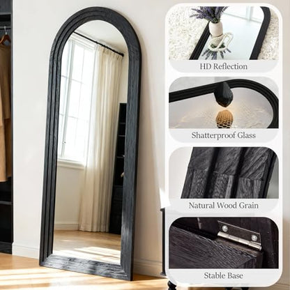 Floor Length Mirror with Stand Wood Floor Mirror,Arched Solid Wood Frame for Wall Door Bedroom Bathroom Living Room,Hanging or Leaning Wall-Mounted,Black