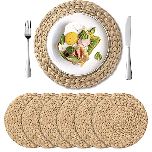 6 Pack 13.8" Woven Placemats, Natural Hand-Woven Water Hyacinth Placemats, Round Braided Rattan Tablemats for Dining Table, Large Weave Round Place Mats Heat Resistant Non-Slip Table Mats, 13.8 Inch - size: 13.8 inch (35cm)